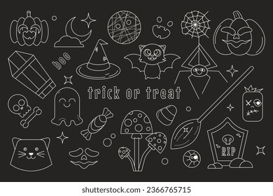 Chalkboard Halloween cartoon doodle elements set. Helloween cute spooky pumpkin, ghost, candies, bat, monsters, spider on web. Vector illustration