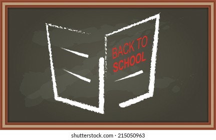 Chalkboard with hand drawing booklet and message, back to school