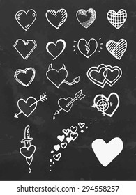 Chalkboard hand drawing. Heart set. Vector illustration.