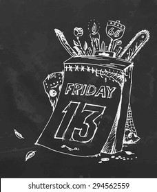 Chalkboard hand drawing. Poster of friday the thirteenth. Vector illustration.