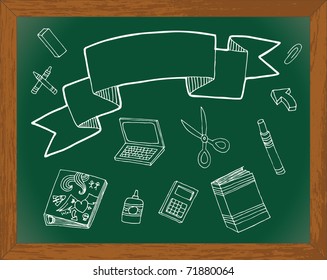 Chalkboard with hand drawn back to school images. Banner for text.