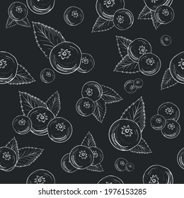 Chalkboard hand drawn blueberries seamless pattern Vector pattern of fresh blueberry, blackberry, bilberry fruit. Wallpaper, background, card or banner template, wrapping paper, textile fabric prints.