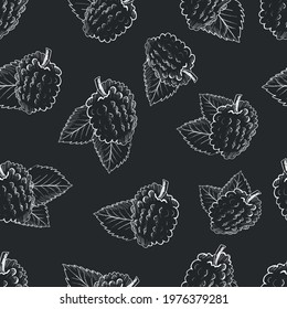 Chalkboard hand drawn fresh Blackberries seamless pattern Vector pattern of fresh Mulberry Fruit. Wallpaper Background Card or Banner Template Wrapping paper textile fabric prints Chalkboard style