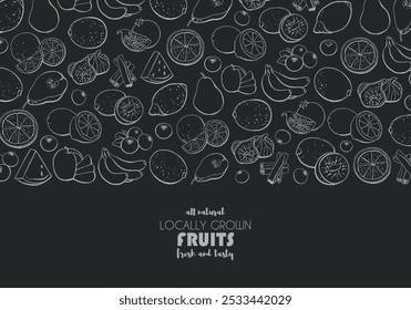 Chalkboard Hand drawn fruit background. Food menu design template. Food top view vector illustration. Healthy eating banner for farm market, food market, restaurants 
