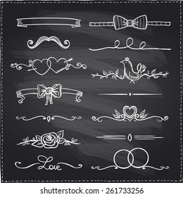 Chalkboard hand drawn graphic elements, love and  wedding theme.
