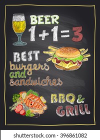 Chalkboard hand drawn menu sign with beer, burger and grilled salmon fish