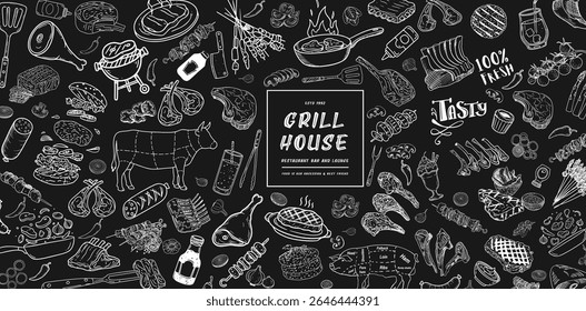 Chalkboard hand drawn menu, vintage restaurant menu. Hand drawn food, restaurant and cafe menus. Chalkboard menu, vector template illustration.