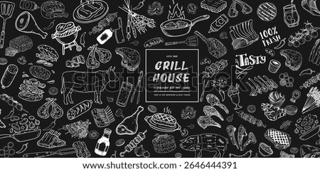 Chalkboard hand drawn menu, vintage restaurant menu. Hand drawn food, restaurant and cafe menus. Chalkboard menu, vector template illustration.