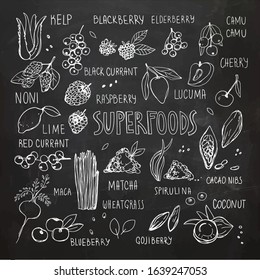 Chalkboard Hand drawn superfood collection. Vector Illustration
