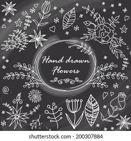 Chalkboard. Hand Drawn Vector Flowers. Can be used for invitation, wallpaper, background, web page, card.