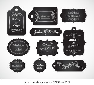 Chalkboard hand written vintage invitations, signs, badges and labels