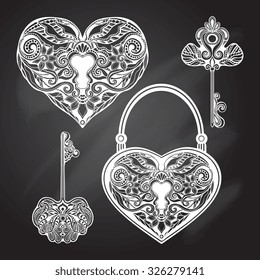 Chalkboard heart shape locks and retro style keys set isolated vector illustration