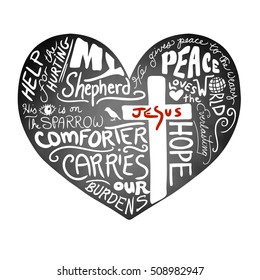 chalkboard heart vector with white handwritten typography text with Christian cross and Jesus in red letters, inspirational church bulletin design, peace, love, and help for the hurting concept