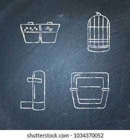 Chalkboard icon set of accessories for parrot, canary or other bird in cage. Pet supplies collection - sketch on chalkboard