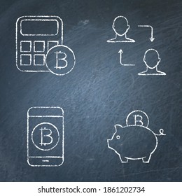 Chalkboard icons of cryptocurrency transaction instruments. Bitcoin calculator, p2p transfer, piggy bank and mobile payment symbols. Vector illustration.