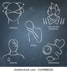 Chalkboard illness symptoms icon set. Chills or heat sensations, sweating, nausea, dizziness and hypertension. Vector illustration.
