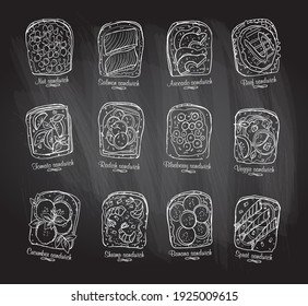 Chalkboard illustration of assorted sandwiches with berries, fruits and vegetables, meat and seafood.