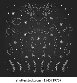 Chalkboard illustrations with set of decor elements, florishes for chalk lettering, menu in cafe and restourants.
