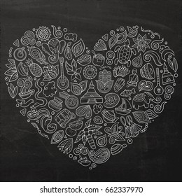 Chalkboard India vector hand drawn set of Indian cartoon doodle objects, symbols and items. Heart form composition