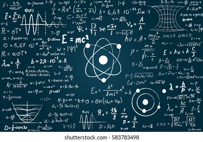 Chalkboard inscribed with scientific formulas and calculations in physics and mathematics. Vector illustration