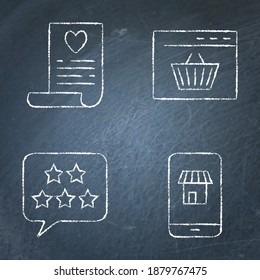 Chalkboard internet commerce icon set. Mobile shop, buying online, customer review and wishlist symbols on blackboard. Vector illustration.