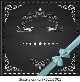 Chalkboard Invitation Greeting Card with Realistic Bow and Ribbon. Decorative Vintage Chalk Drawing Design Elements. Frames, Dividers, Swirls. Vector Illustration