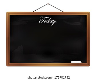 Chalkboard isolated on white background vector illustration . Black chalkboard with wooden frame hanging from nail with "Today" signage, isolated on white.