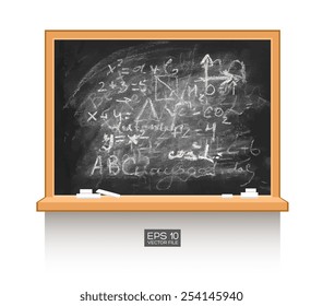 Chalkboard isolated on white wall with mathematical formula. Vector illustration. Texture background, wood, wooden frame. Piece of chalk