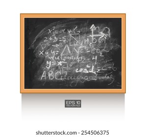 Chalkboard isolated on white wall with mathematical formula. Vector illustration. Texture background, wood, wooden frame.