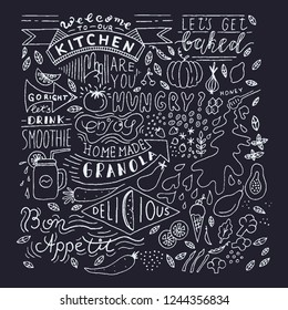 Chalkboard Kitchen Art, Blackboard Lettering Wall Art, Kitchen Chalkboard Sign. Cafe template design. Restaurant wall typography. Vector food chalk. 