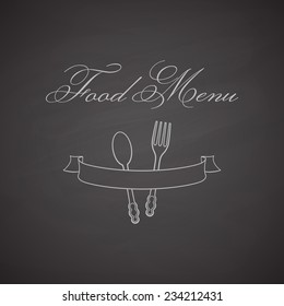 Chalkboard label with fork, spoon and ribbon. Food menu