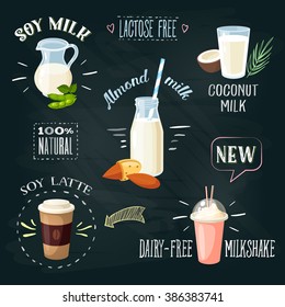 Chalkboard lactose-free milk beverages ADs set. Lactose intolerance. Stylish template. Vector illustration.