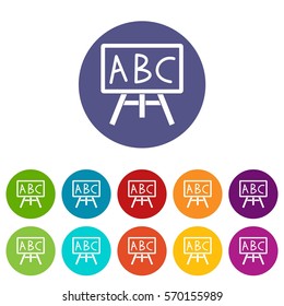 Chalkboard with the leters ABC set icons in different colors isolated on white background