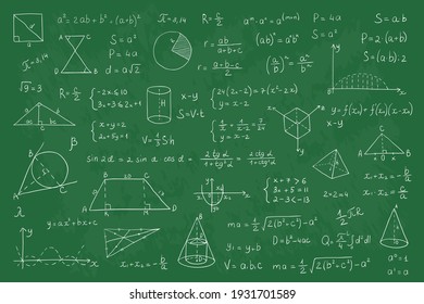 Chalkboard with math equation. Realistic chalked numbers and graphs on green blackboard. Handwritten formulas or functions and geometric shapes, solving mathematical tasks. Vector education background