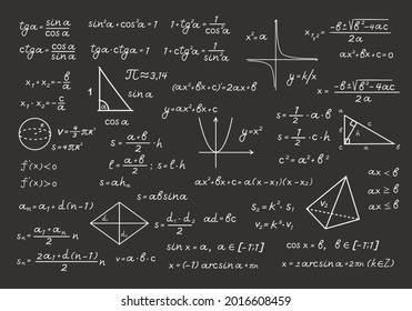 Chalkboard in mathematical formulas and calculations illustration. Algebraic computation with chalk geometric drawings basic equations and theorems school and university. Vector education.