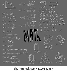 Chalkboard mathematical vector pattern with geometrical figures and formulas, used for school education and document decoration. Isolated, you can use any color of background. EPS 10