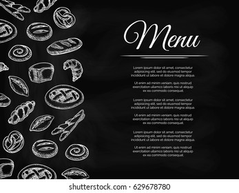 Chalkboard menu background with hand drawn bakery products. Vector illustration