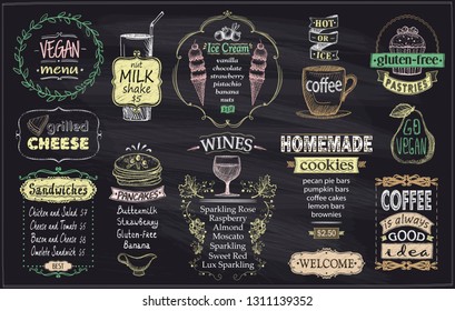 Chalkboard menu for cafe or restaurant, vegan menu, gluten free menu, grilled cheese, sandwiches, pancakes, wines, homemade cookies, ice cream and coffee