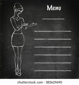 Chalkboard menu with welcoming girl. Hand drawn woman on blackboard. Vector stock illustration