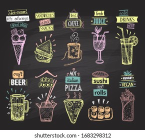 Chalkboard menus set with ice cream, fresh juice, sandwiches, cold drinks, craft beer, china food, italian pizza, sushi and rolls, hungry vegan, vector doodle style menu templates collection