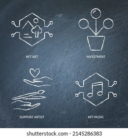Chalkboard NFT art icon set. Digital artists support, NFT market symbols. Vector illustration.