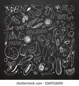 Chalkboard Organic Fruits and Vegetables Hand Drawn Doodles.
Corn,Potato,Mushroom,Olives,Tomato,Garlic,Ginger,Eggplant,Peas,Broccoli,Fig,Pear,Berries,Apricot,Papaya,Garlic,Beet,Carrot,Citrus,Lemon,Ho