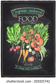 Chalkboard Organic Natural Food, Vegetables Background. Eps10 