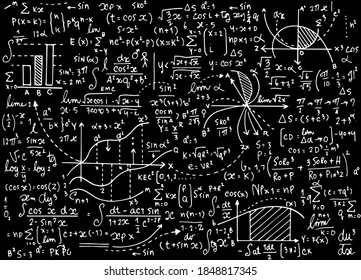 chalkboard physics and math formulas and diagrams