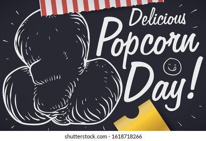 Chalkboard With Popped Corn In Hand Drawn Style, Golden Ticket, Stripped Bag And Doodles Promoting Popcorn Day With A Greeting Message.