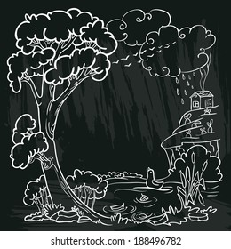 chalkboard poster with autumn doodle frame