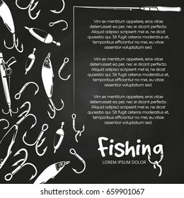 Chalkboard poster or banner with fishing accesories and equipment. Vector illustration