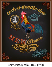 Chalkboard Poster for Chicken Restaurant - Colorful blackboard advertisement for restaurant with rooster, swirls, branches and specials - hand drawn, chalks, vintage style marketing svg