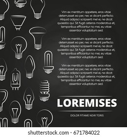 Chalkboard poster with light bulbs. Drawing lamp on blackboard, vector illustration