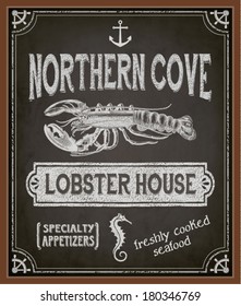 Chalkboard Poster for Seafood Restaurant - Colorful blackboard advertisement for seafood restaurant, with lobster, seahorse, anchor and special offers - hand drawn, chalks, vintage style marketing